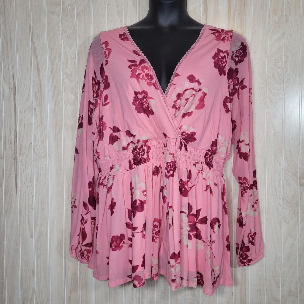 torrid Pink Floral Mesh Surplice Babydoll Top